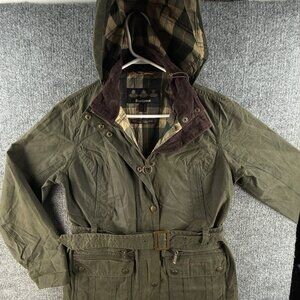 Barbour Parceval Waxed Jacket Women Full Zip Hooded Green Belted US Size 6